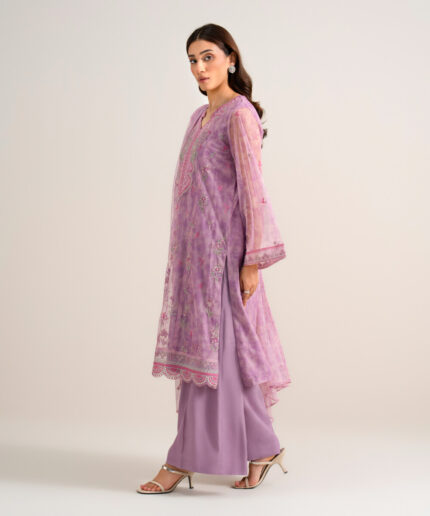 Pink Poly Net Unstitched Ensemble - View 1