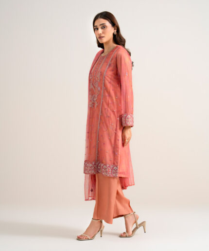 Peach Poly Net Unstitched Ensemble - View 2