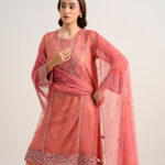 Peach Poly Net Unstitched Ensemble - View 1