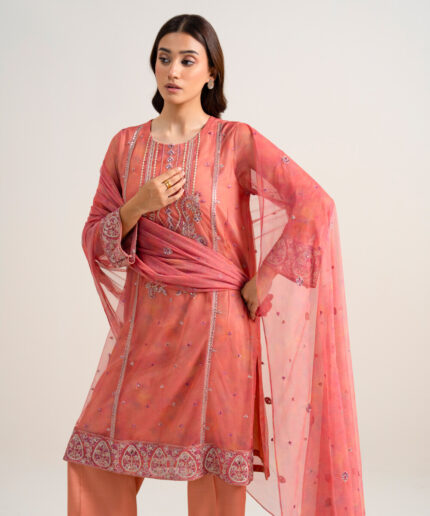 Peach Poly Net Unstitched Ensemble - View 1