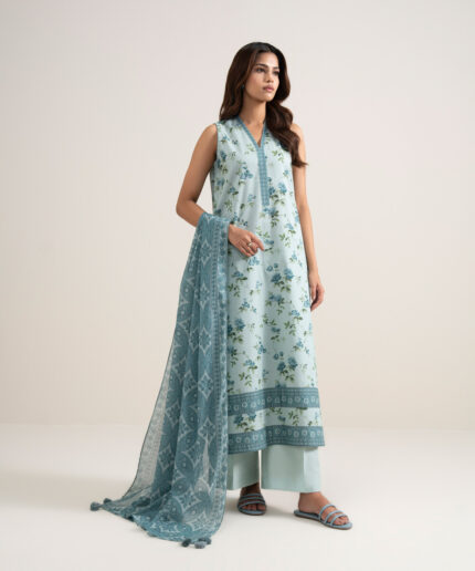 Light Aqua Lawn Unstitched Ensemble - View 1