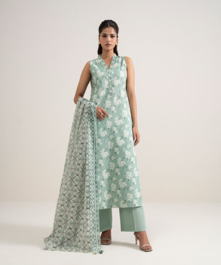 Mint Green And Off White Lawn Unstitched Ensemble - View 1