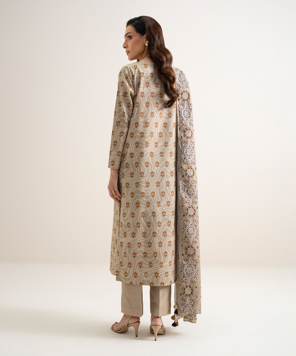Beige Cotton Unstitched Ensemble - View 1 Beige Cotton Unstitched Ensemble - View 1