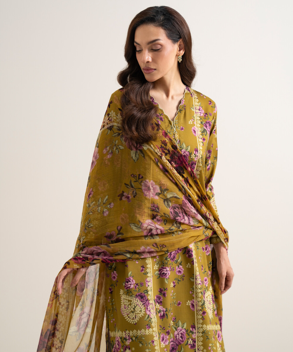Mustard Arabic Lawn Unstitched Ensemble - View 1 Mustard Arabic Lawn Unstitched Ensemble - View 1