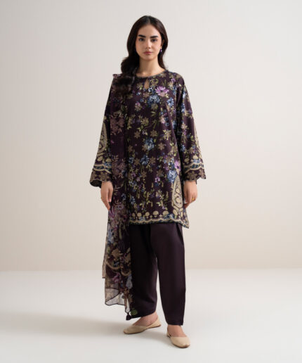 Maroon Arabic Lawn Unstitched Ensemble - View 2
