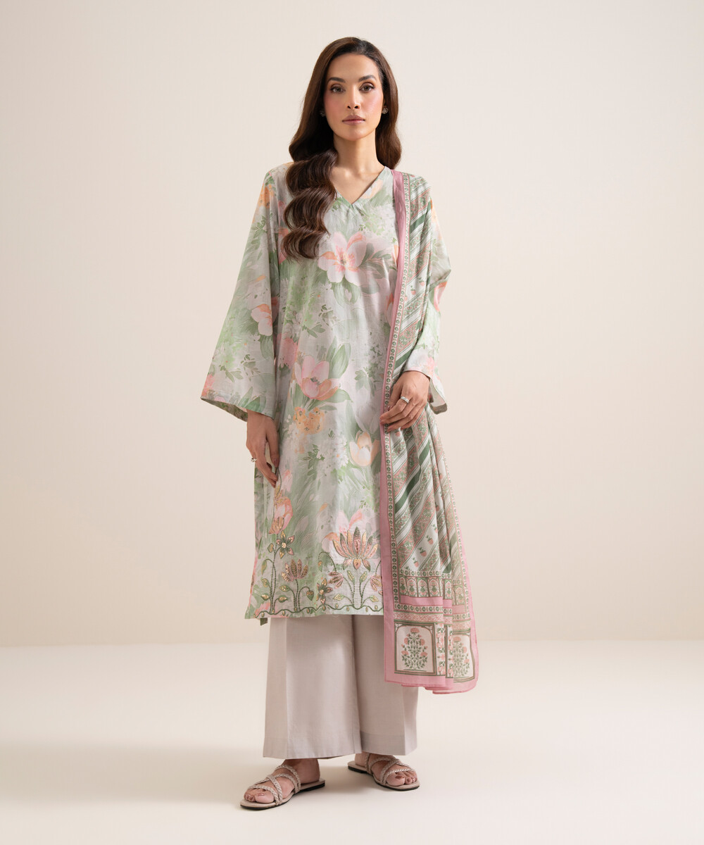 Ice Blue With Multi Lawn Unstitched Ensemble - View 1 Ice Blue With Multi Lawn Unstitched Ensemble - View 1