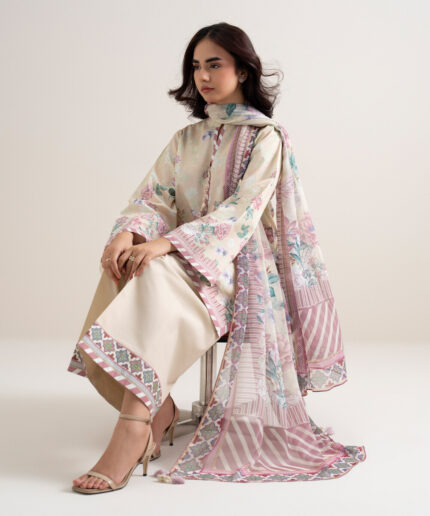 Off White And Pink Lawn Unstitched Ensemble - View 1