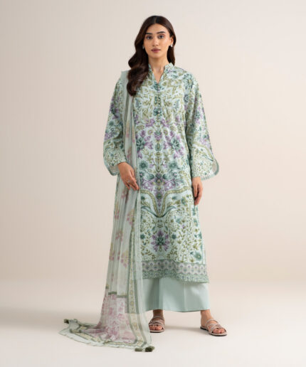Light Aqua Lawn Unstitched Ensemble - View 1
