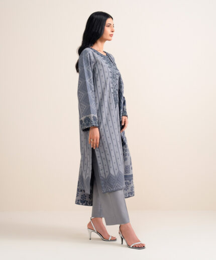 Blue Extra Weft Jacquard Unstitched Ensemble - View 2