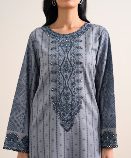 Blue Extra Weft Jacquard Unstitched Ensemble - View 1