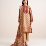 Beige &Amp; Maroon Extra Weft Jacquard Unstitched Ensemble - View 1