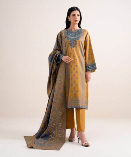 Mustard Extra Weft Jacquard Unstitched Ensemble - View 1