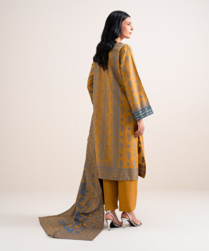 Mustard Extra Weft Jacquard Unstitched Ensemble - View 2