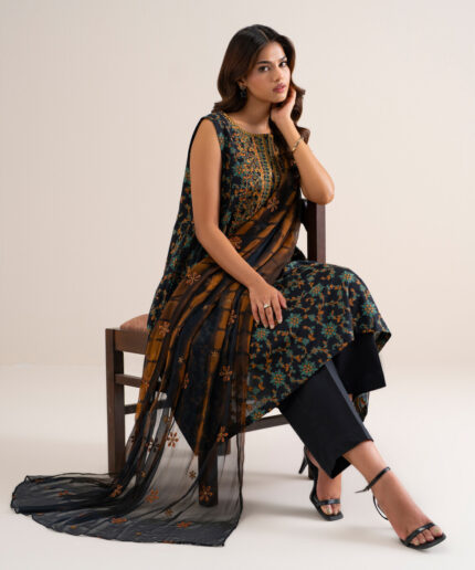 Black Extra Weft Jacquard Unstitched Ensemble - View 1