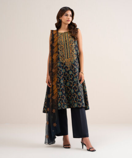 Black Extra Weft Jacquard Unstitched Ensemble - View 2