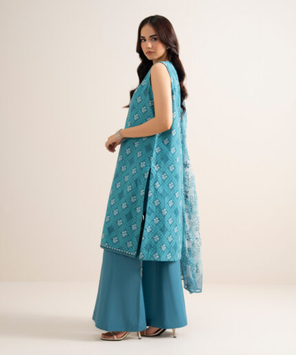 Blue Extra Weft Jacquard Unstitched Ensemble - View 2