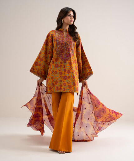 Orange Extra Weft Jacquard Unstitched Ensemble - View 1