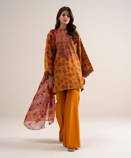 Orange Extra Weft Jacquard Unstitched Ensemble - View 2