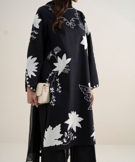 Black Textured Lawn Unstitched Ensemble - View 1