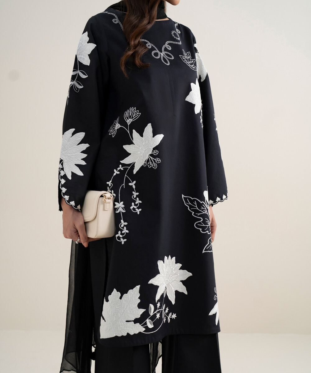 Black Textured Lawn Unstitched Ensemble - View 1 Black Textured Lawn Unstitched Ensemble - View 1