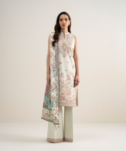 Off White Lawn Unstitched Ensemble - View 1